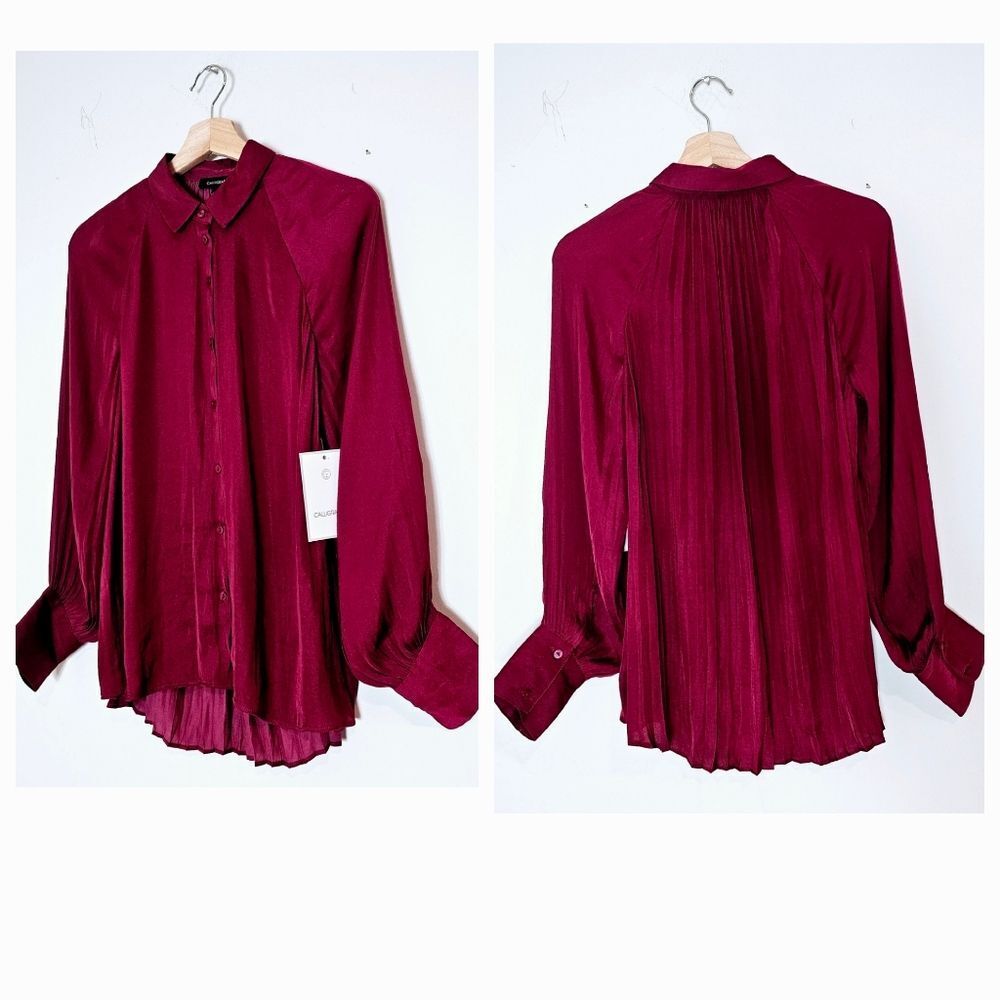 NWT Calligraphie Dark Red Blousy Sleeve Pleated Back Hi Low Button Up Top Size S